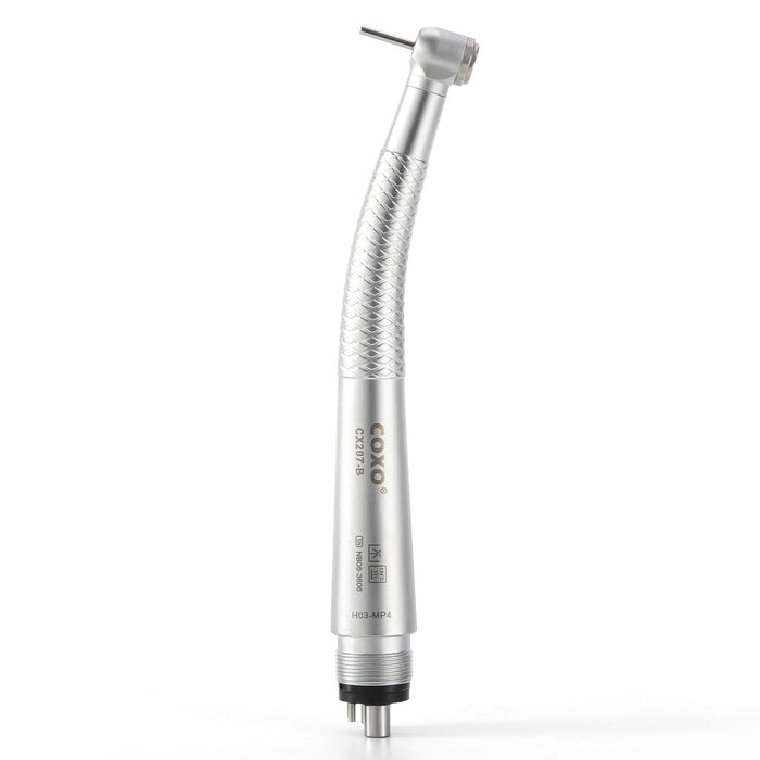 An image of a metallic COXO CX207-B Mini Head High-speed Air Turbine Handpiece, 390,000~485,000rpm, 1-port spray, 4-hole coupler. # H03-MP4 with a small drill bit at the end. The handle features a textured grip and the brand name "COXO" is prominently visible along with some technical specifications etched on the surface. The Mini Head design stands out against the plain white background.