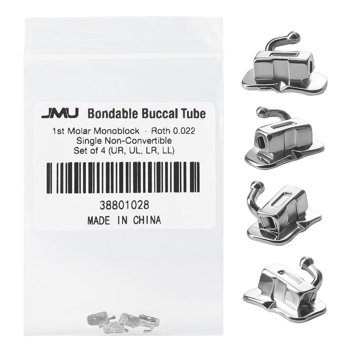 JMU 1st Molar Buccal Tubes Roth/MBT 0.018/0.022 Single Non-Convertible Monoblock Bondable Set of 4 - JMU DENTAL INC