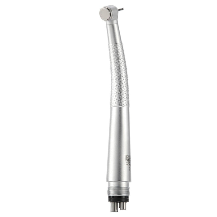 A close-up view of the COXO CX207-B Mini Head High-speed Air Turbine Handpiece, 390,000~485,000rpm, 1-port spray, 4-hole coupler. # H03-MP4. This silver-colored high-speed air turbine handpiece features a textured grip and a Mini Head designed for high-speed drilling. The small, circular head at the top houses the drill bit, and the base has connectors for attachment to other dental equipment.