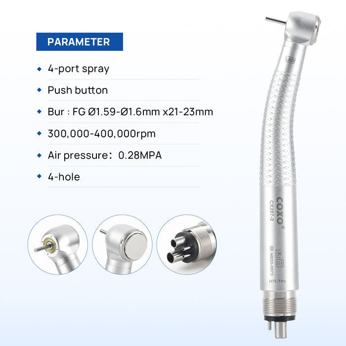 COXO CX207-2 LED High Speed Air Turbine Handpiece with Generator Shadowless Series Torque Head 4 Port Spray 4 Hole Coupler # H75-TP4 - JMU DENTAL INC