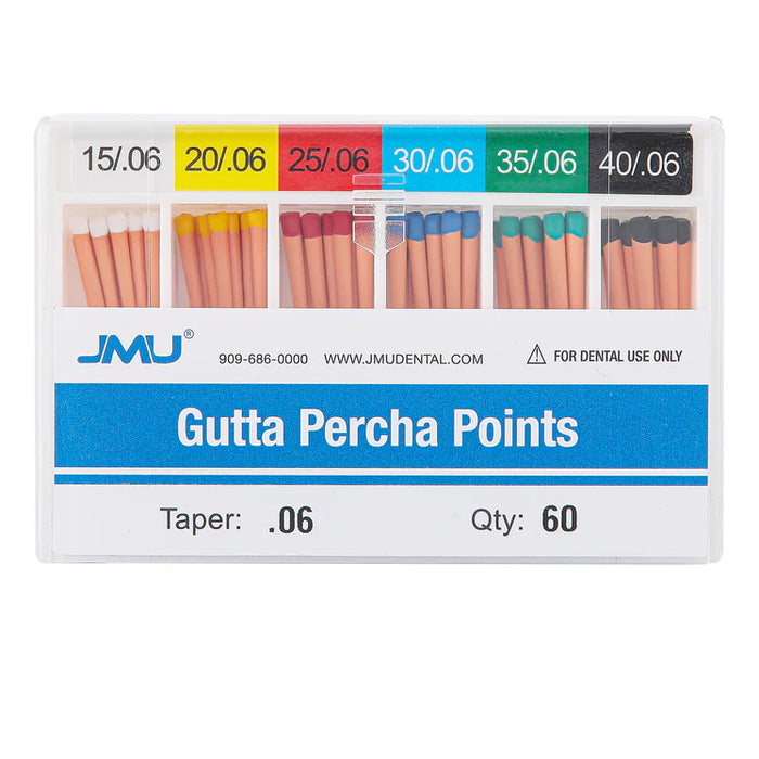 JMU Dental Gutta Percha Points Taper Size 0.06 #25, #30, #15-40 Assorted Color-coded 60pcs/Pack