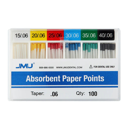 JMU Dental Absorbent Paper Points Taper Size 0.06 #30 #25 #15-40 Assorted Color-coded 100pcs/Pack - JMU DENTAL INC