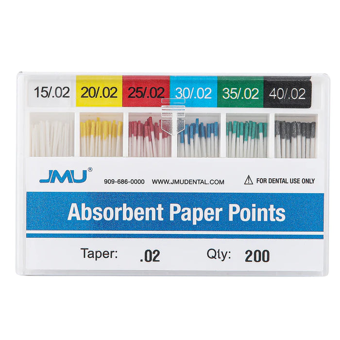 JMU Absorbent Paper Points Taper Size 0.02 #15, #15-40 Assorted Color-coded 200pcs/Pack