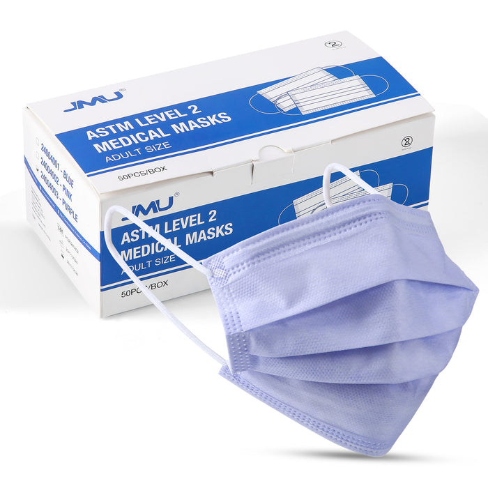 JMU Disposable Medical Face Masks 3-Ply ASTM Level 2 Adult Size Purple 50Pcs/Box