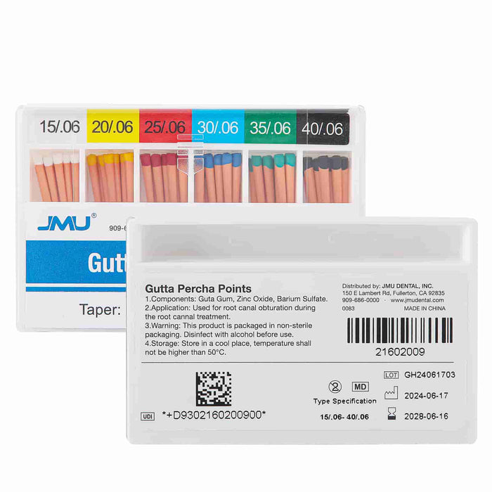 JMU Dental Gutta Percha Points Taper Size 0.06 #15-40 Assorted Color-coded 60pcs/Pack - JMU DENTAL INC