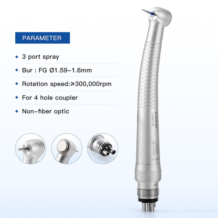 COXO CX207-W High-speed Air Turbine Handpiece, ³300,000rpm, Standard Head, 3-port spray, (equipped with coupler, handpiece fits into W&H or COXO 229-B 4-hole coupler) #H17-SPQ4 - JMU Dental