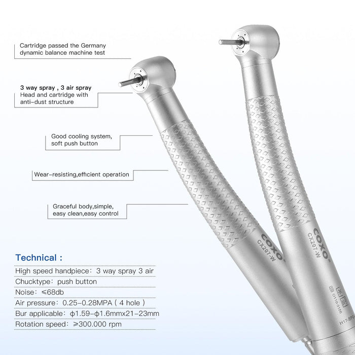 COXO CX207-W High-speed Air Turbine Handpiece, ³300,000rpm, Standard Head, 3-port spray, (equipped with coupler, handpiece fits into W&H or COXO 229-B 4-hole coupler) #H17-SPQ4 - JMU Dental