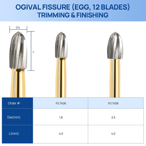 JMU Trimming&Finishing Carbide Burs, Egg ,12 Blades, 5/pk - JMU Dental