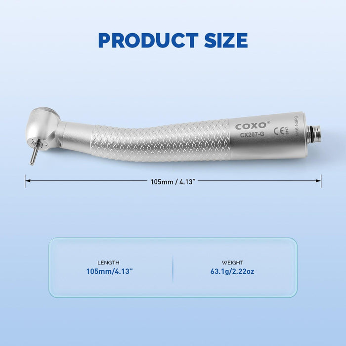 COXO CX207-G Fiber-opticÊHigh-speed Air Turbine Handpiece, ³300,000rpm, Standard Head, 3-port spray, (no coupling, fit into NSK or COXO 229-GN 6-hole coupler), #H16-NSPQ - JMU Dental