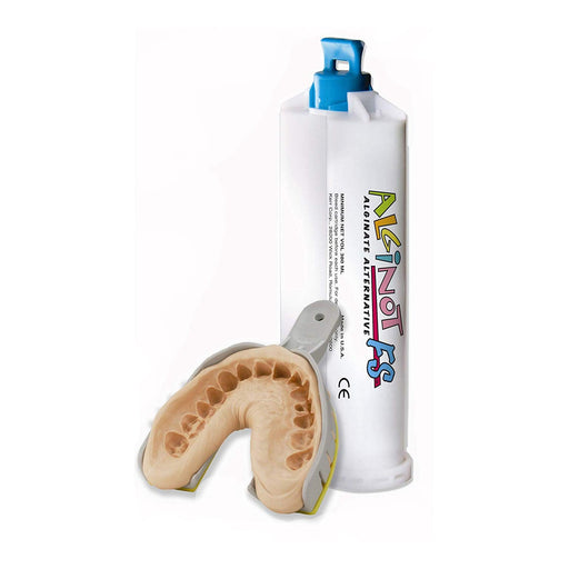 Image showing a dental impression material set. There's a white cartridge with a blue cap labeled "Alginoplast" in colorful text, and a beige dental mold with detailed impressions of upper teeth, placed on a grey tray. The set includes the AlgiNot Cartridge Introductory Kit by Kerr for an efficient automix dispensing experience.