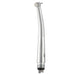 A close-up view of the COXO CX207-B Mini Head High-speed Air Turbine Handpiece, 390,000~485,000rpm, 1-port spray, 4-hole coupler. # H03-MP4. This silver-colored high-speed air turbine handpiece features a textured grip and a Mini Head designed for high-speed drilling. The small, circular head at the top houses the drill bit, and the base has connectors for attachment to other dental equipment.
