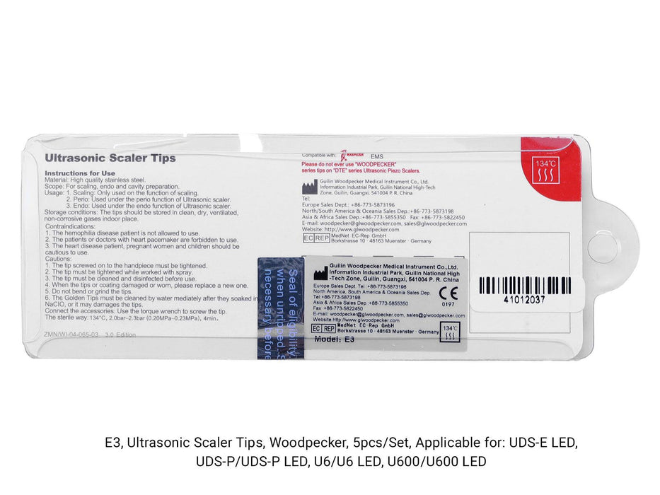 Woodpecker E3 Ultrasonic Scaler Tips 5pcs/Set- jmudental.com