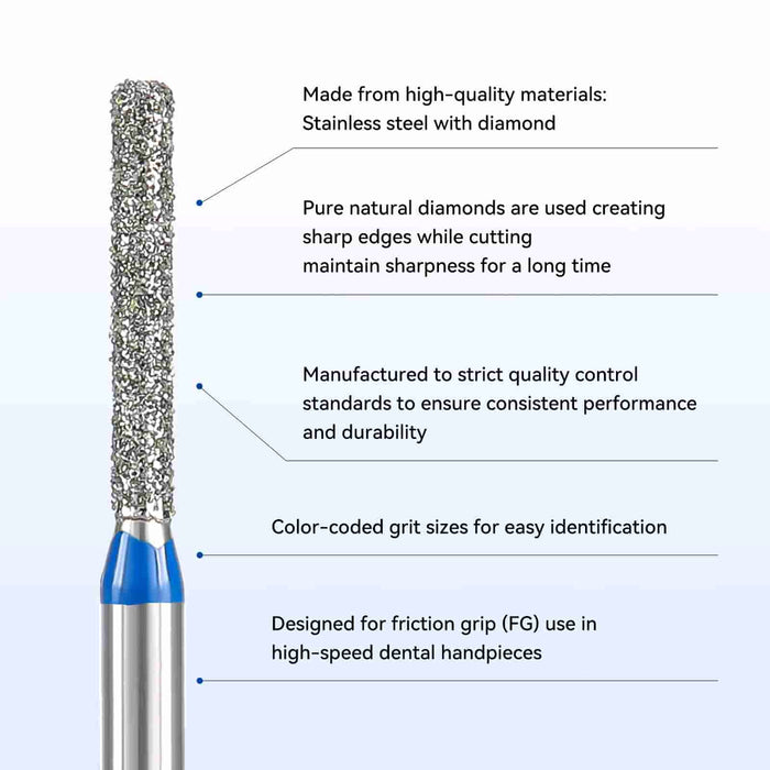 JMU Dental Diamond Burs FG Medium Grit Flat End Cylinder 5/Pk - JMU DENTAL INC