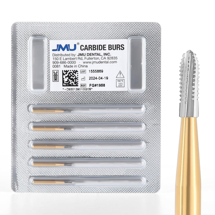 JMU Carbide Burs, Straight Fissure Round End, Metal Cutting, 5/pk - JMU Dental