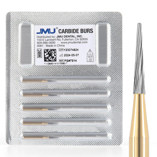 JMU Trimming&Finishing Carbide Burs, Taper Fissure (Truncated Conical), 12 Blades, FG #7214, 5/pk - JMU Dental
