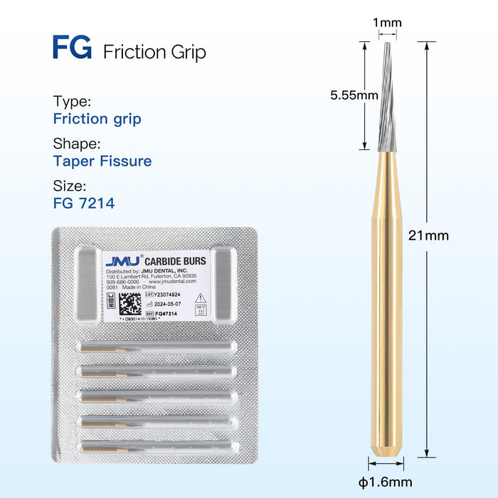 JMU Trimming&Finishing Carbide Burs, Taper Fissure (Truncated Conical), 12 Blades, FG #7214, 5/pk - JMU Dental
