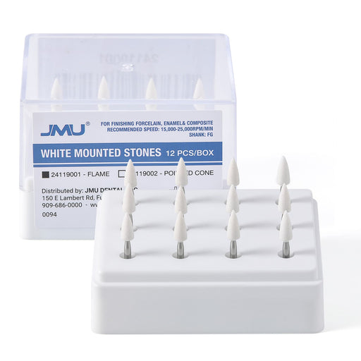 JMU Dental FG White Mounted Stone Flame Shape 12pk - JMU DENTAL INC