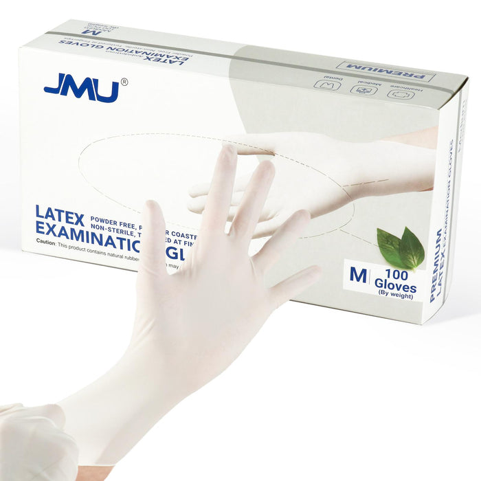 JMU Premium Latex Examination Gloves Polymer Coasted Powder-free White 100Pcs/Box - JMU DENTAL INC