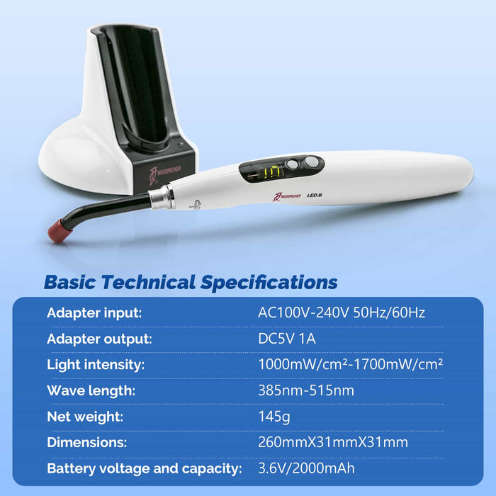 Woodpecker LED B Dental Curing Light Cordless Wide Spectrum 1700mW/cm2 - JMU DENTAL INC