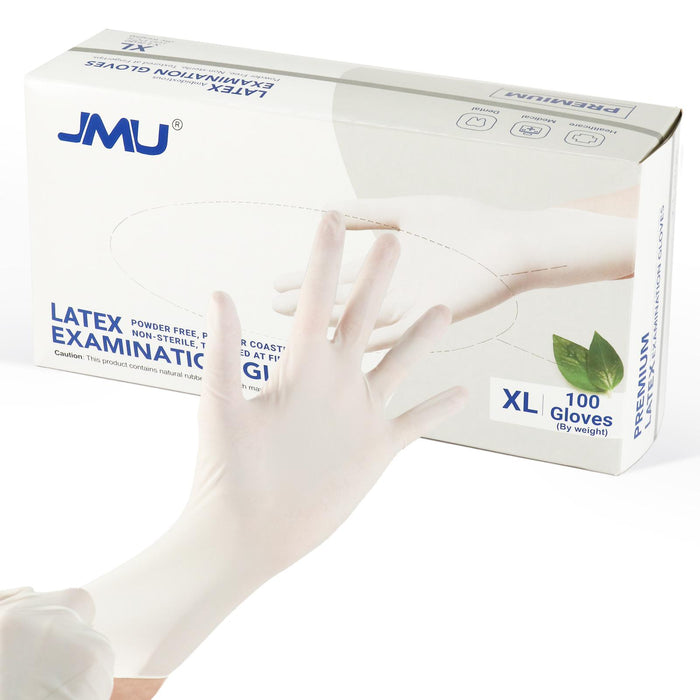 JMU Premium Latex Examination Gloves Polymer Coasted Powder-free White 100Pcs/Box - JMU DENTAL INC
