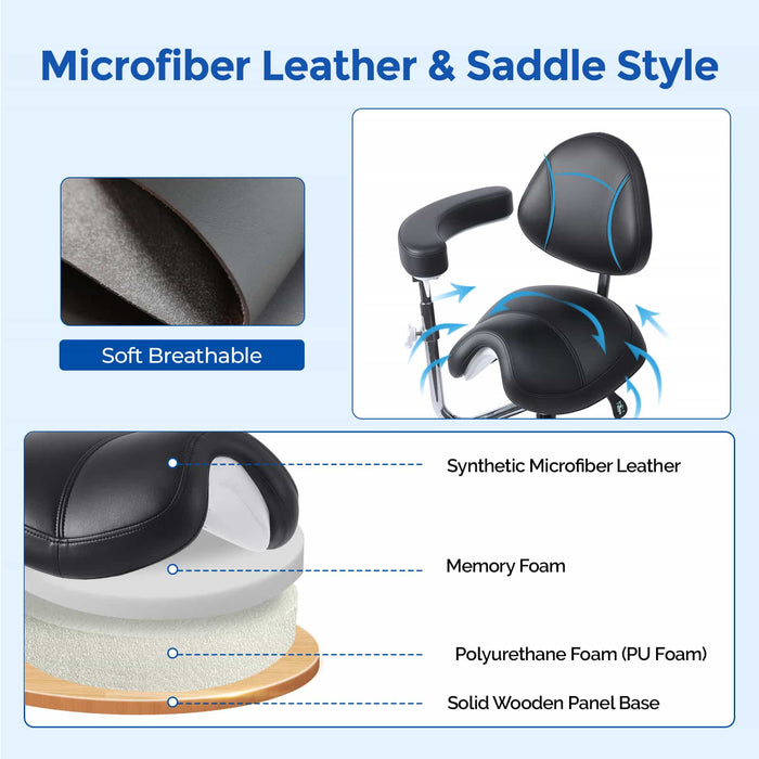 Black stitched microfiber breathable leather dental saddle stool - JMU DENTAL INC