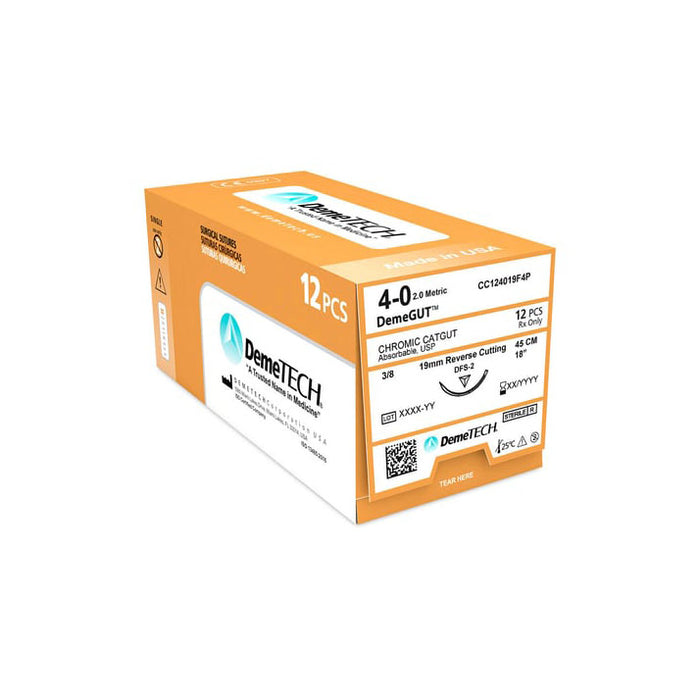 DemeTECH Chromic Catgut Dental Sutures Absorbable Reverse Cutting Needle 3/8 Circle 19mm 12/Box
