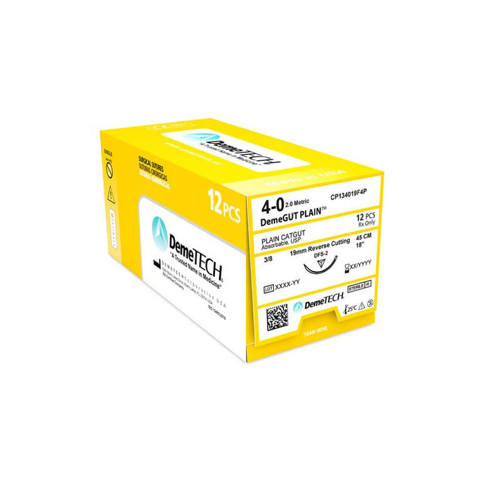 DemeTECH Chromic Catgut Dental Sutures Absorbable Reverse Cutting Needle 3/8 Circle 19mm 12/Box