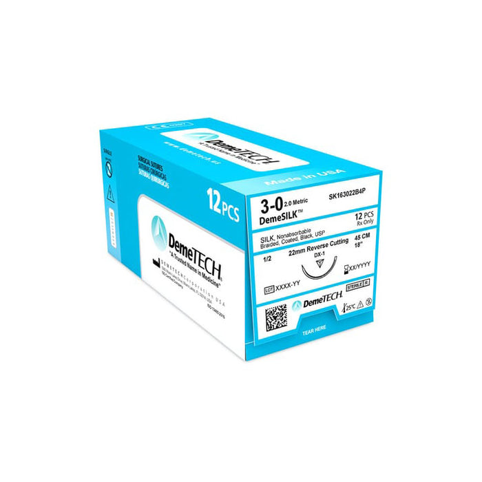 DemeTECH Silk Dental Sutures No Absorbable Reverse Cutting Needle 3/8 Circle 19mm 12/Box