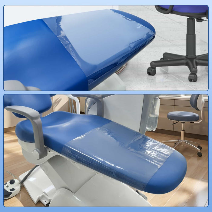 Multi-angle display of JMU Dental chair foot cover pad showing elastic bands and clear PVC design - JMU Dental