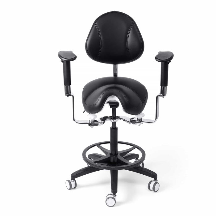 Front view of ergonomic dental saddle stool with armrests - JMU DENTAL INC