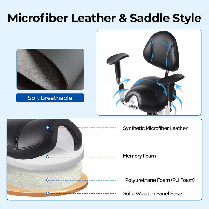 Dental saddle stool with stitched breathable microfiber leather seat - JMU DENTAL INC
