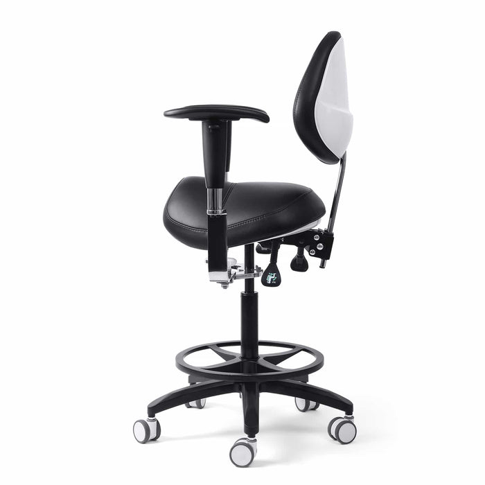 Side view of dental saddle stool with adjustable backrest and foot ring - JMU DENTAL INC