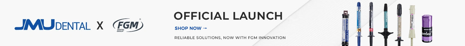 Promotional banner for JMU Dental and FGM with product images and text.