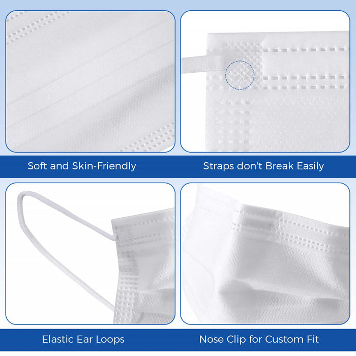 Features of Medical Face Masks 3-Ply ASTM Level 3 for Adults, including 3-layer protection, fluid resistance, and comfortable fit - JMU Dental