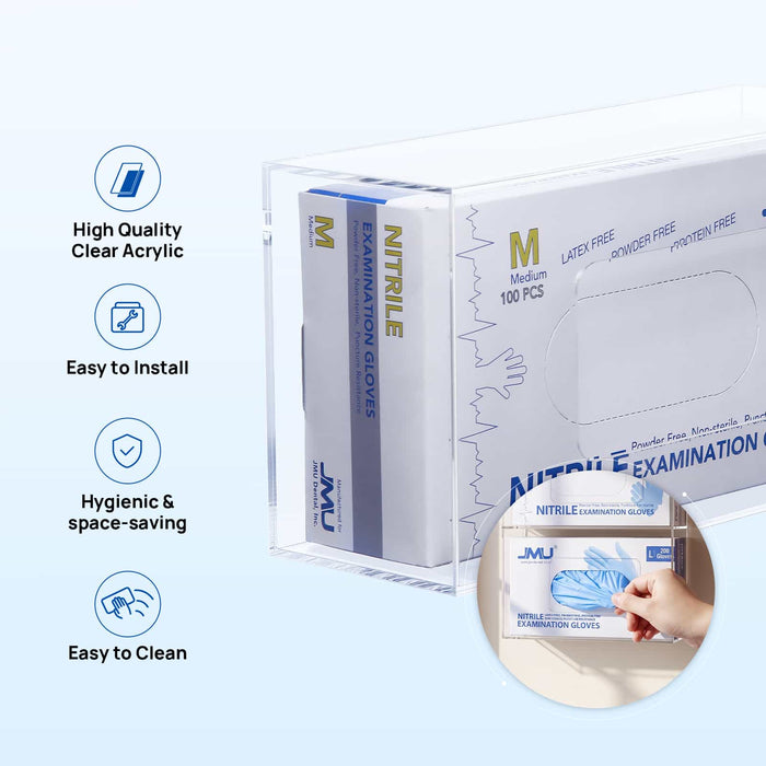 JMU Dental acrylic glove box dispenser features including durable acrylic, flexible installation, and 1-3 box capacity - JMU DENTAL INC