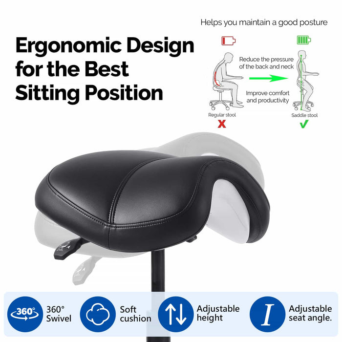 Ergonomic dental saddle chair key features showing comfort and design details – JMU Dental