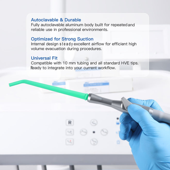 JMU Dental HVE Valve features autoclavable aluminum body, metal lever, and reliable suction control - JMU Dental