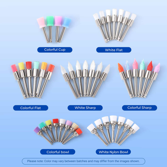 JMU Dental Latch Prophy Kit with 40 silicone cups and 60 nylon brushes including flat tapered and bowl shapes - JMU Dental