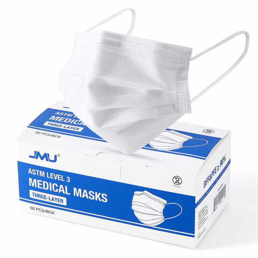 JMU Dental Medical Face Masks 3-Ply ASTM Level 3 for Adults 50/Box White - JMU DENTAL INC