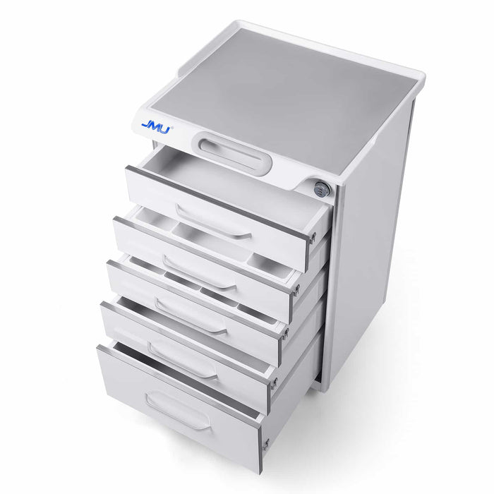 Open drawers of JMU Dental mobile cabinet cart for instrument storage