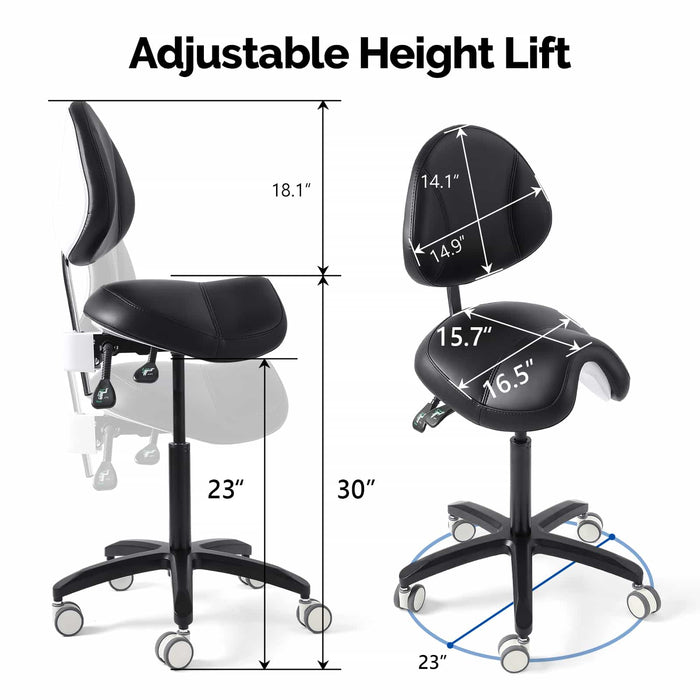Ergonomic saddle chair dimensions showing seat size and height adjustment range - JMU DENTAL INC