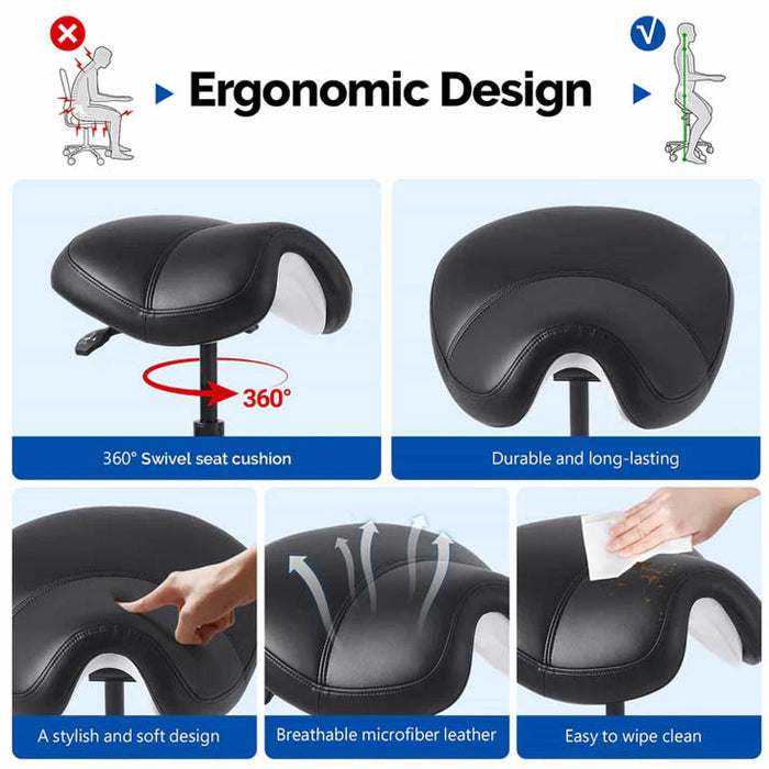 Ergonomic dental saddle chair key features showing comfort and design details – JMU Dental
