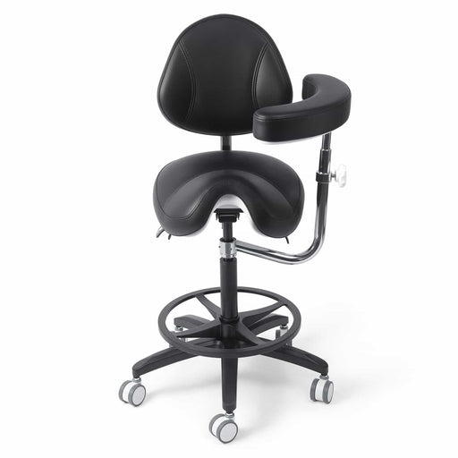 Dental saddle stool with backrest and swing armrest - JMU DENTAL INC