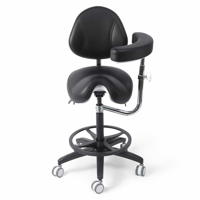 Dental saddle stool with backrest and swing armrest - JMU DENTAL INC