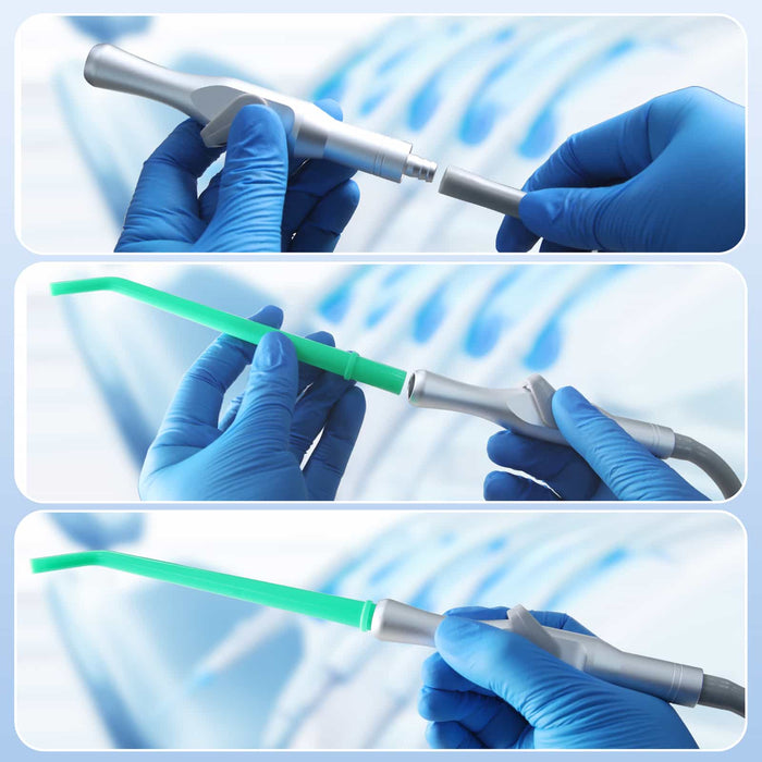 Saliva ejector handle installation guide showing connection steps for dental suction systems - JMU DENTAL INC