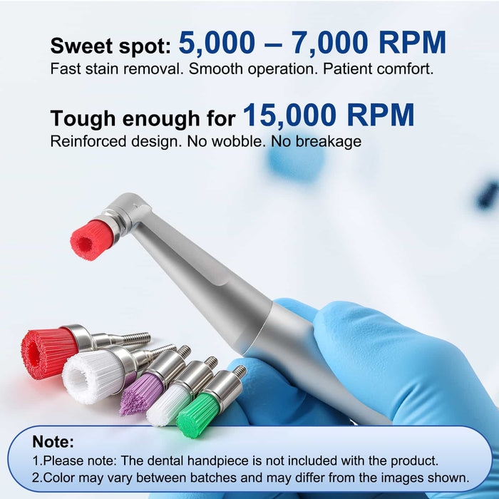 JMU Dental Screw Prophy Brushes with 5000-7000 RPM recommended speed and 15000 RPM maximum speed performance - JMU Dental