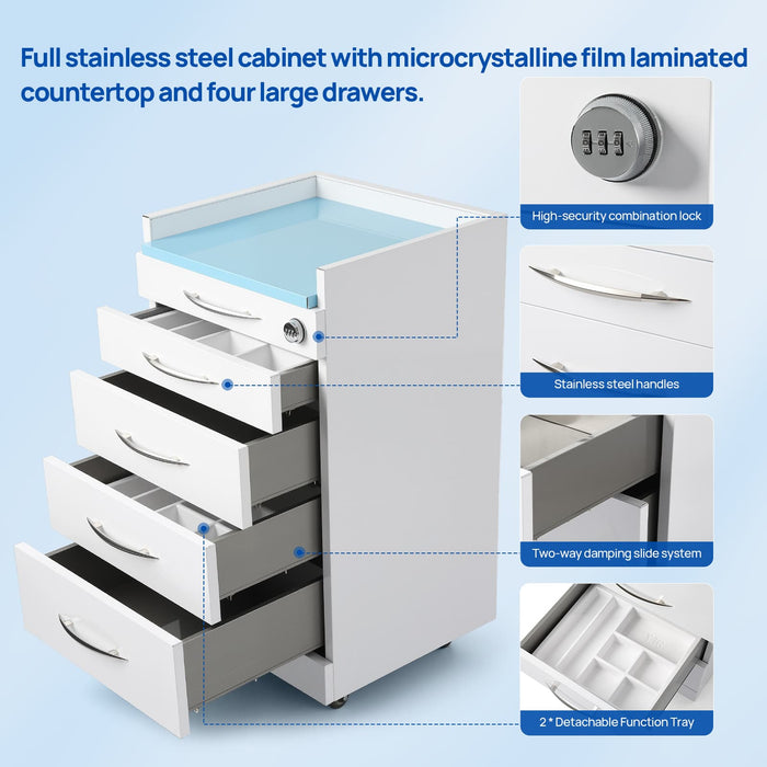 JMU Denal Full Stainless Steel Four-Drawer Cabinet with Combination Lock & Silent Casters - JMU DENTAL INC