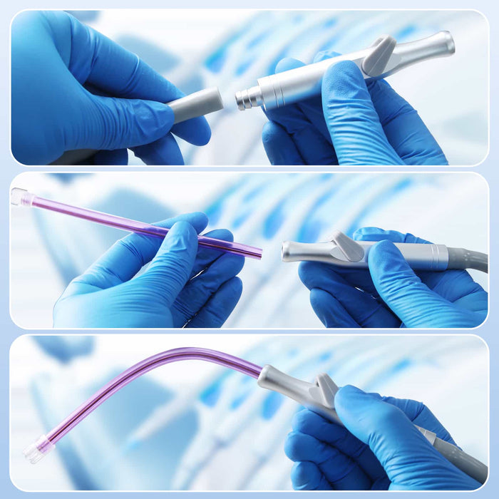 Saliva ejector valve installation guide showing tubing and tip connection steps - JMU DENTAL INC