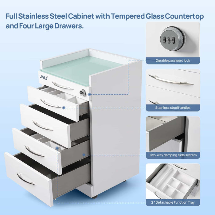 Stainless steel four-drawer cart with tempered glass countertop and silent casters - JMU DENTAL INC