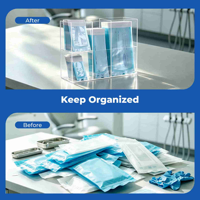 Multi-compartment acrylic sterilization pouch dispenser for organized storage - JMU DENTAL INC